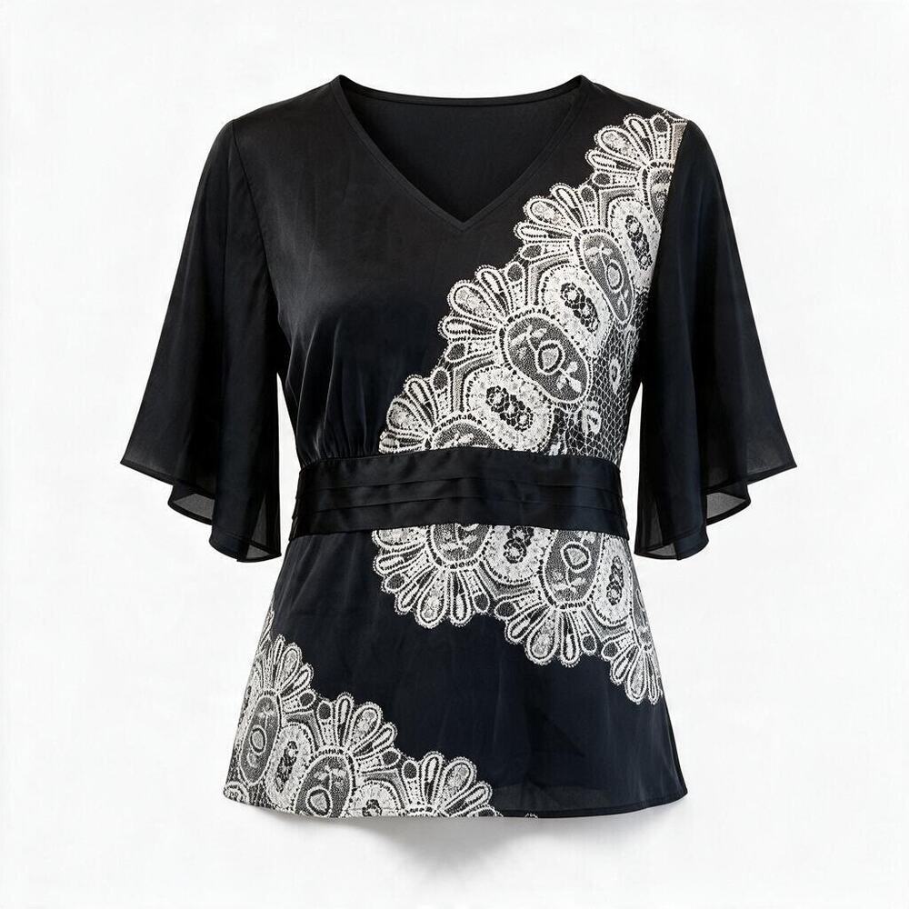 Apostrophe Woman 16-18W Black Satin-Look Lace Print Kimono Sleeve V-Neck Blouse
